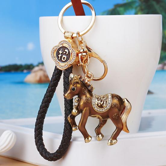Keychain Pendant Rhinestones Inlaid Horse Design Key Chain Decorative Good Fortune Keyring Wallets Cars Backpacks Accessory