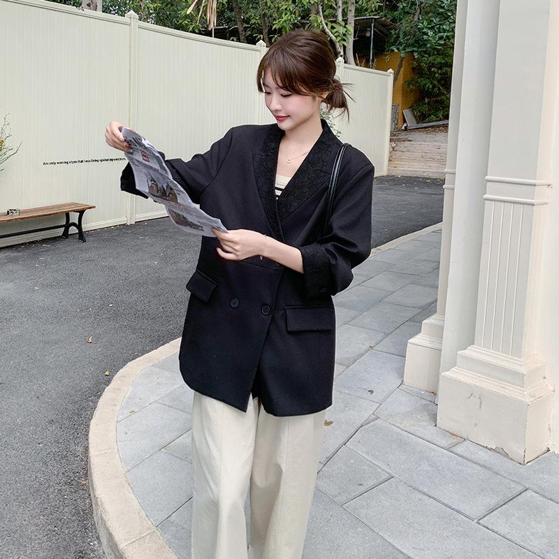 

Черный кружевной воротник, вставка, повседневный блейзер, женский новый дизайн, универсальный костюмный топ, ранняя весна и осень XL чёрный