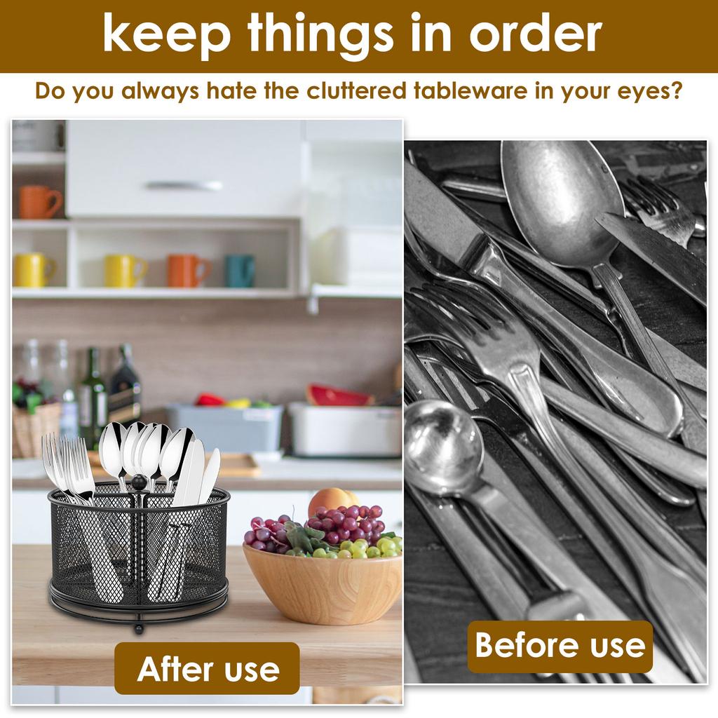 360°Rotating Utensil Caddy Kitchen Utensil Holder 6.7×6.7×5.1 Inch Metal Utensil Organizer 4-Compartment Metal Utensil Caddy