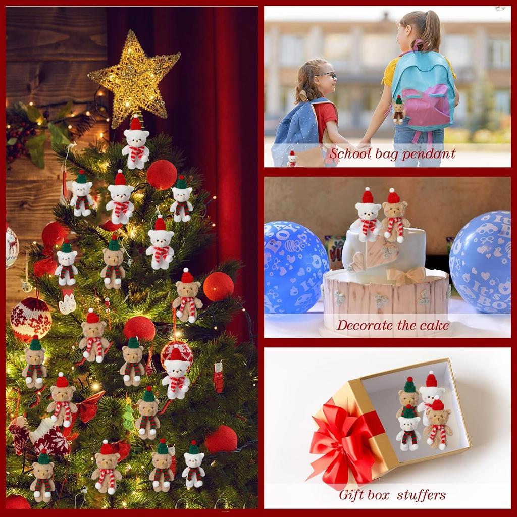 12-60 Stück Weihnachten Stofftiere Mini Teddybären Großpackung Weihnachts-Plüschtiere für Weihnachtsfeier Gastgeschenke Weihnachtsbaumschmuck