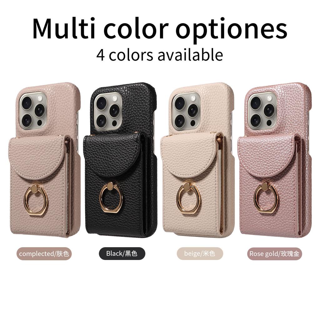 Compatible with Apple 16 Pro Max Phone Case, 15 Plus Protective Cover, Lychee Pattern, 12 Accordion Ring, Business Card Holder, 13