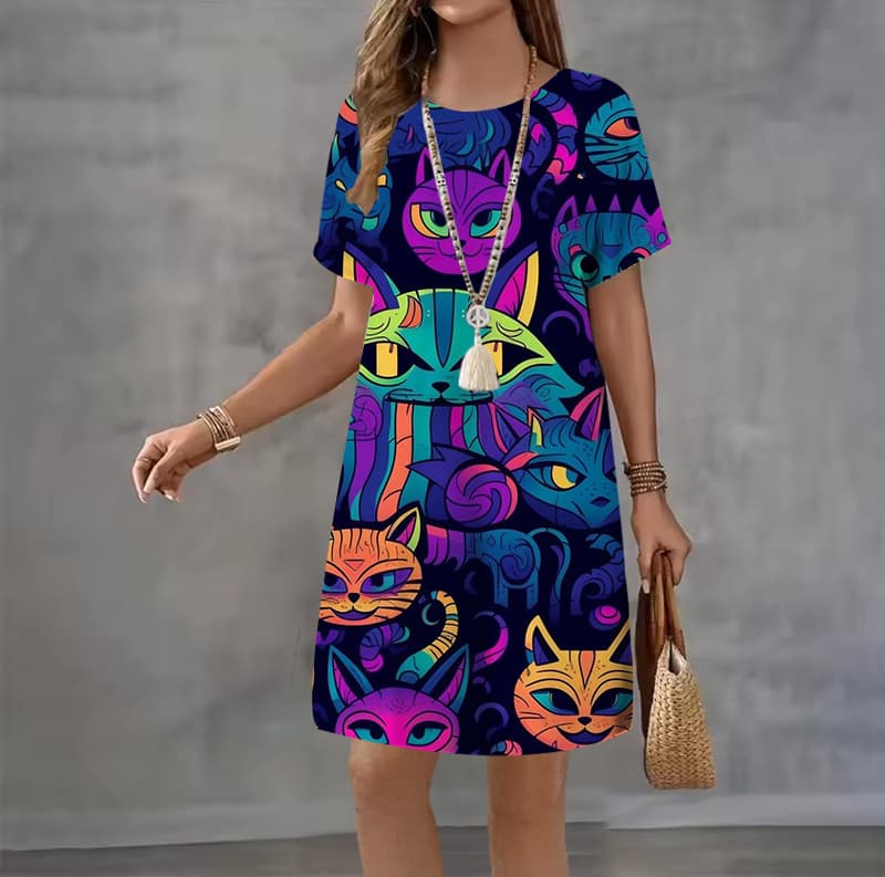 Modisches 3D-Druck Sommerkleid Locker Lässig Kurzarm Rundhals Minikleid