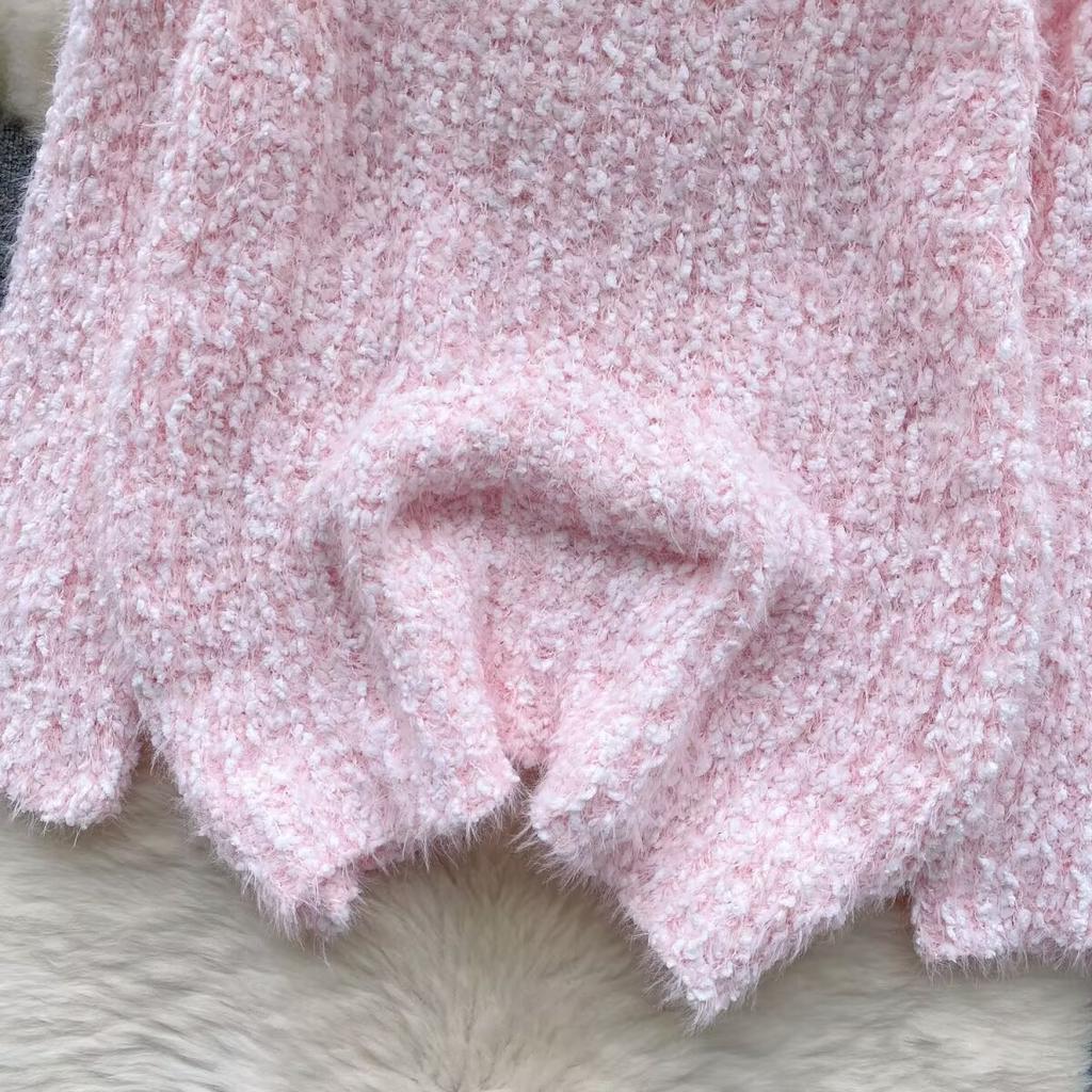 Autumn Winter Women Sweet V-neck Soft Furry Mohair Rhinestone Knitted Sweater Christmas Pullover Tops