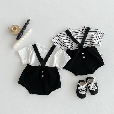 Completo Estivo da Bambino in Stile Coreano: Salopette a coste e set t-shirt con cartoni animati, Edizione Baby 2025.