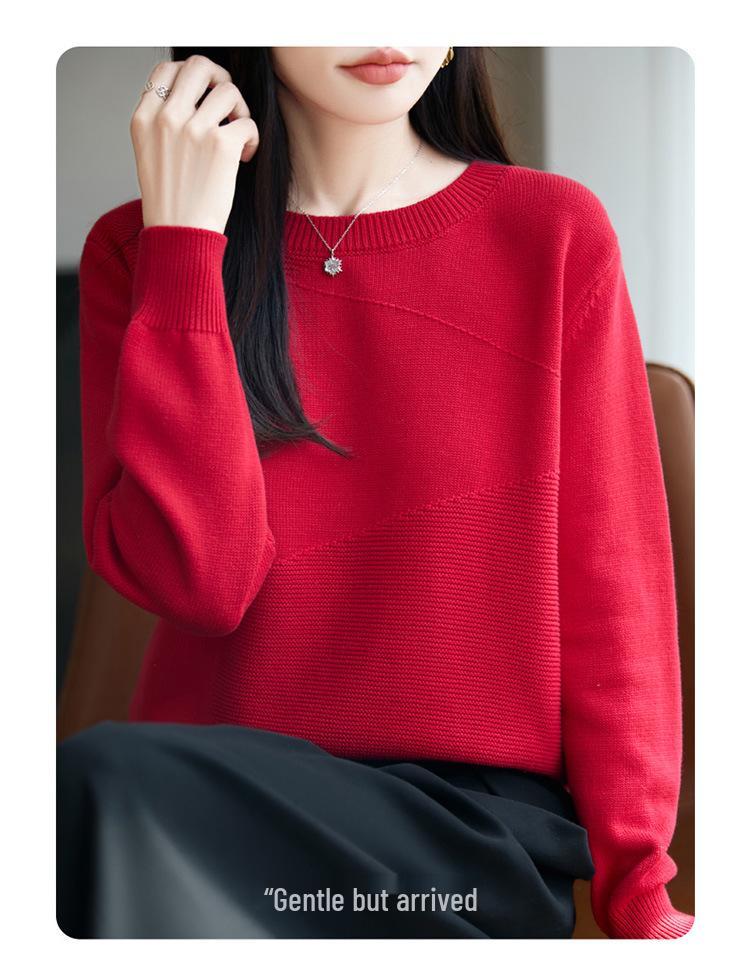 Women's Anti-Pilling 100% Cotton Sweater, Round Neck, Diagonal Block Pattern, New Style Knit, Thick Base Layer Top