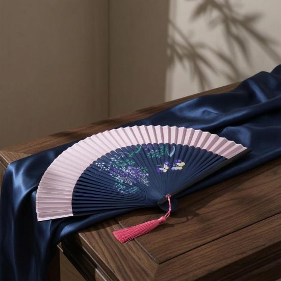 Chinese Style Flower Folding Fan with Tassels Vintage Portable Hand Fan Wedding Dance Party Decorative Handheld Fan Travel Accessory