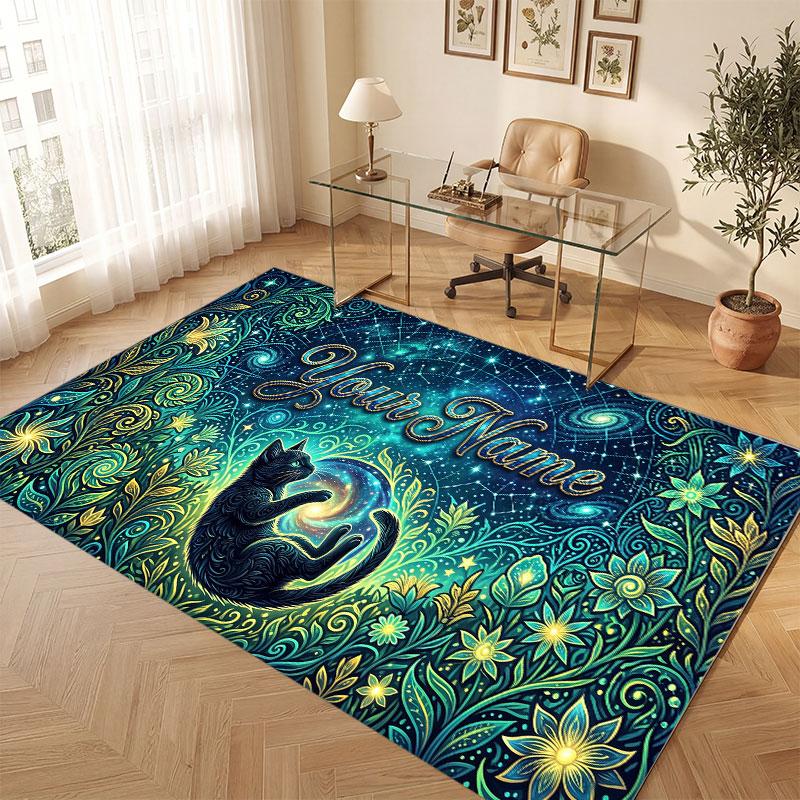 Cat Theme Crystal Velvet Floor Rug Personalized Custom Name Text Warm Carpet Home Decoration