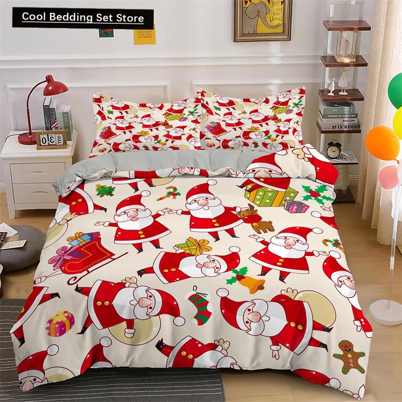 Frohe Weihnachten King Queen Bettwäsche Set Weihnachtsmann Schneemann Bettdeckenbezug Weihnachtsbaum Bettbezug Rot Polyester Steppdeckenbezug
