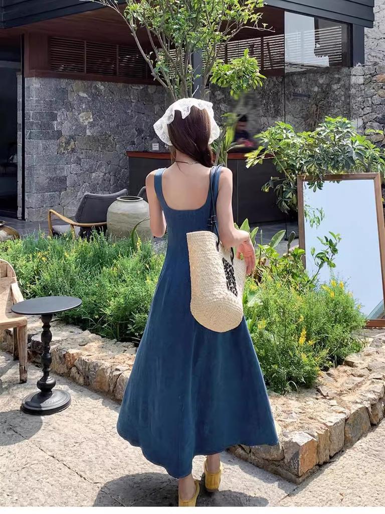 Blue Sleeveless Denim Tube Top Dress for Women Spring Summer New Style Square Neck Slim Fit French Style Long Dress