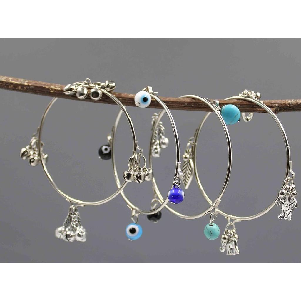 GURJARI JEWELLERS Womens Oxidised 4 Bangles with Turquoise,Evileye,Gungru Beads Charm Bangles Set