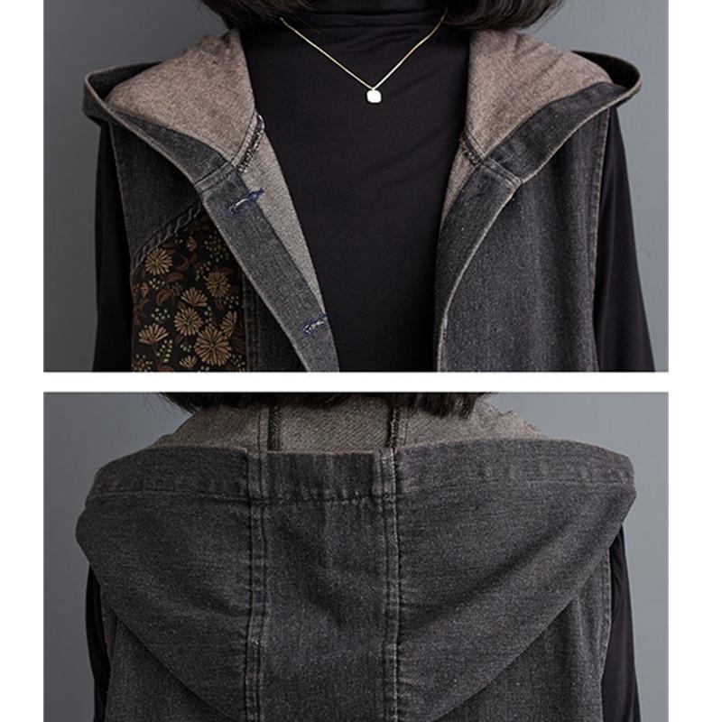 Fashion Hooded Denim Waistcoat Women Autumn Sleeveless Jacket Big Pockets Vintage Print Loose Jeans Vest Outerwear