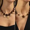 Vintage Light Luxury Tiger'S Eye Stone Resin Beaded Necklace, Fashionable Geometric Metal Pendant Collarbone Necklace