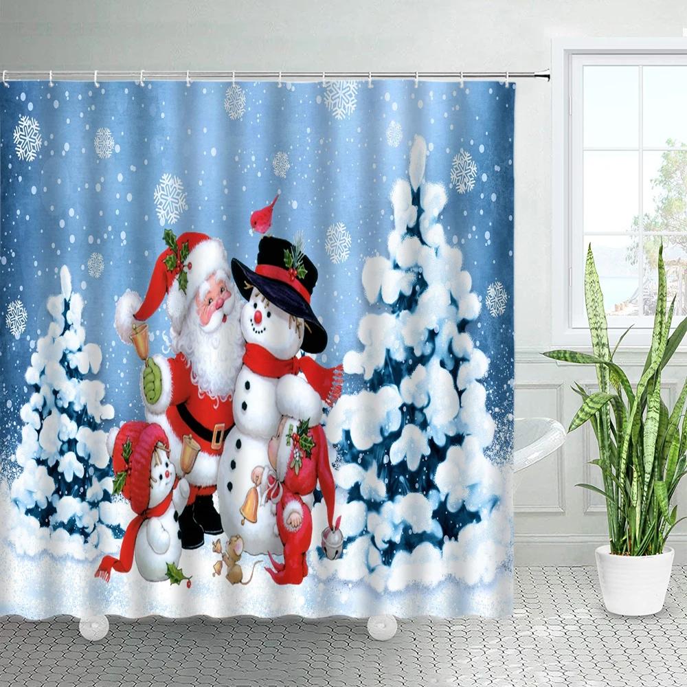 Funny Cartoon Santa Claus Snowman Christmas Shower Curtains Set Winter White Cedar Snowflake Holiday Decor Xmas Bathroom Curtain