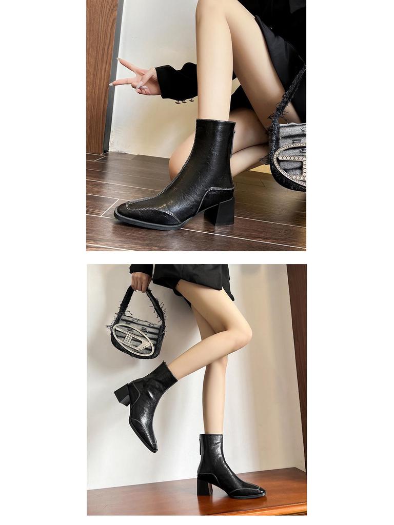 Retro Square Toe High Heel Ankle Boots for Women - Autumn/Winter Chunky Martin Boots In British Style, Red/Brown, 6CM Heel.