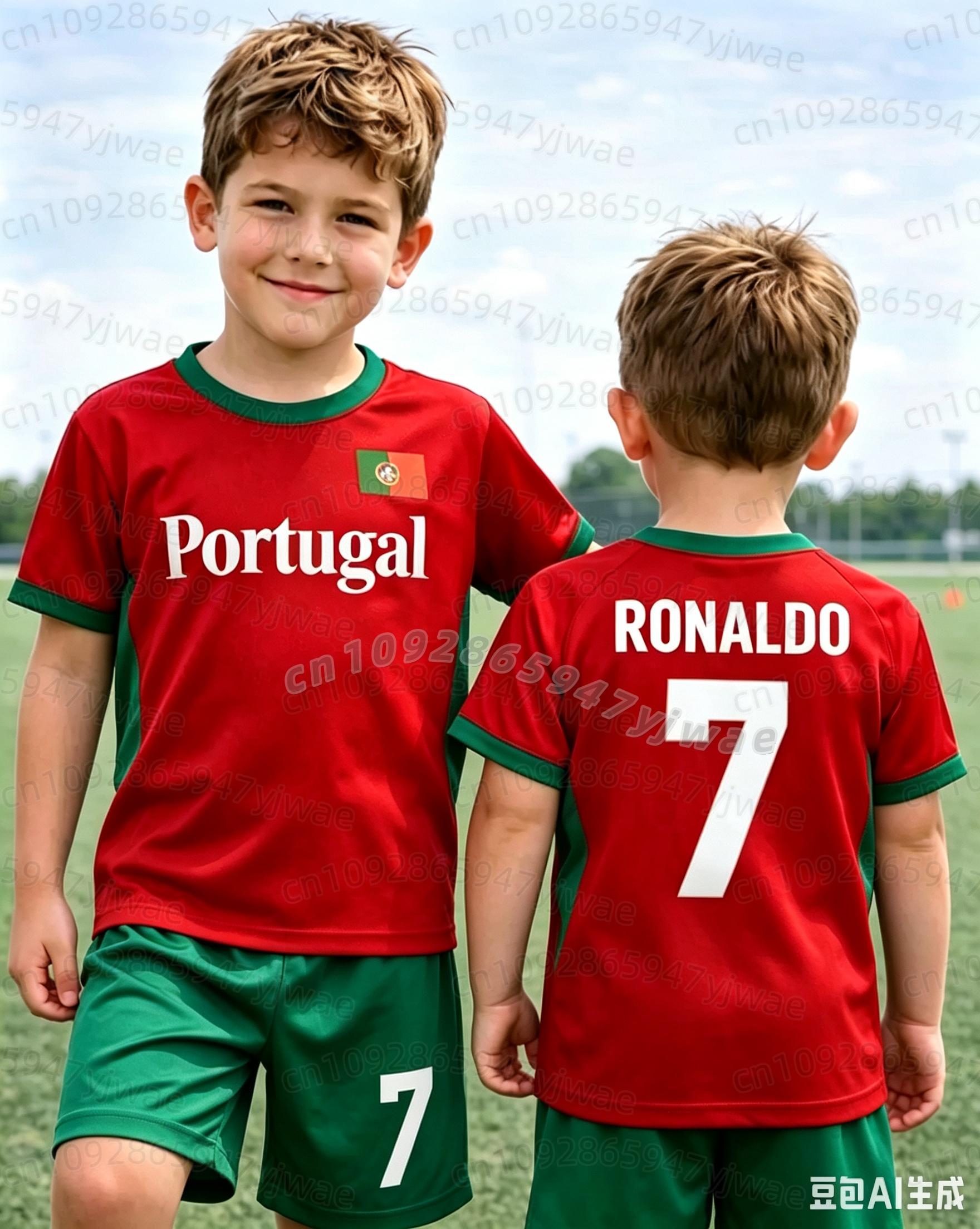 26 Jungen Ronaldo Nr. 7 Fußballtrikot T-Shirt Shorts Set Damen Herren Harajuku PORTUGAL Fans Shirt Shorts Set Kinder Trainingsanzug 2-teiliges Set 110