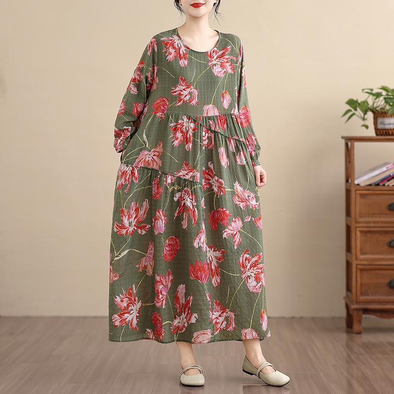 DIMANAF New 2026 Women Vintage Plus Size Spring Summer Long Dress Loose Oversize Long Sleeve Maxi Floral Print