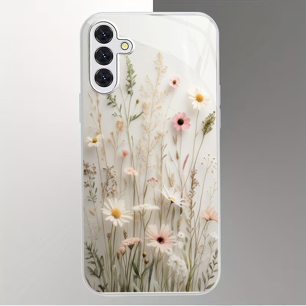 Transparente Glas-Handyhülle mit Blumenmuster, geeignet für Samsung Galaxy S26 S25 S24 S23 S22 S20 FE/Ultra/Plus, stoßfeste Rückseite
