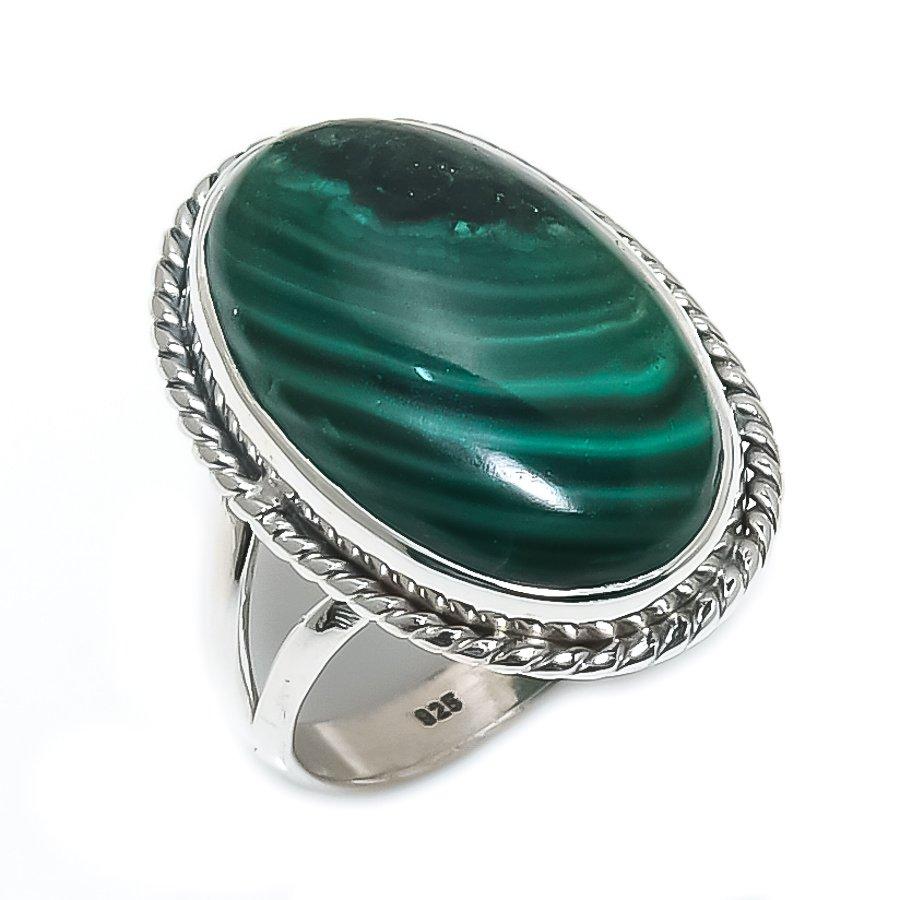 Pietre prețioase din malachit natural 925 Bijuterii din argint masiv Mărimea 6 I4d76