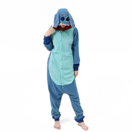 Damen-Schlafanzug mit Cartoon-Figuren, dicker Polarfleece, Knopfverschluss, tiefer Schritt, lange Ärmel, Kapuze mit Ohrendekor, Winter-Nachtwäsche, Party-Cosplay-Outfit