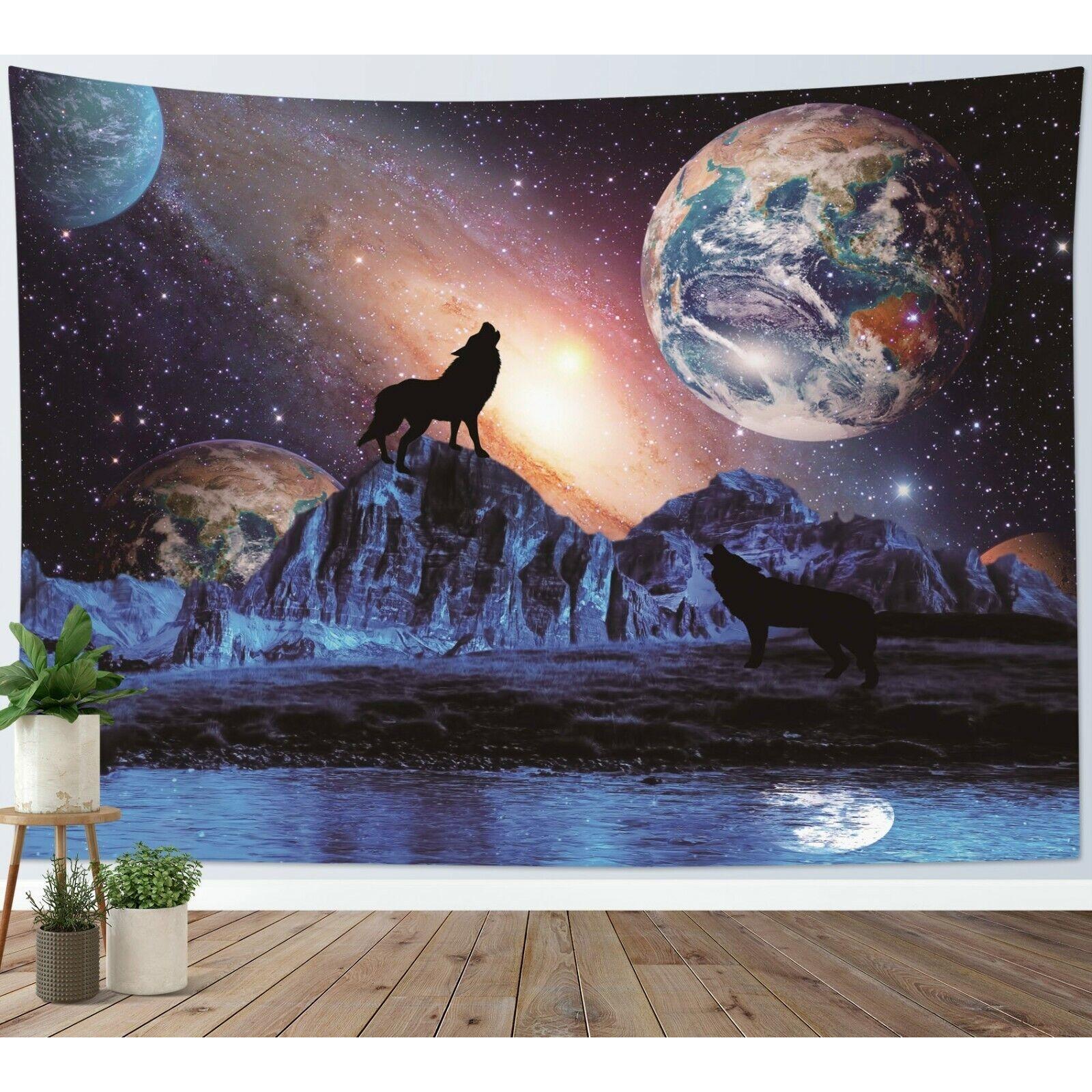 Tapestry wolf galaxy planet earth house 75x100