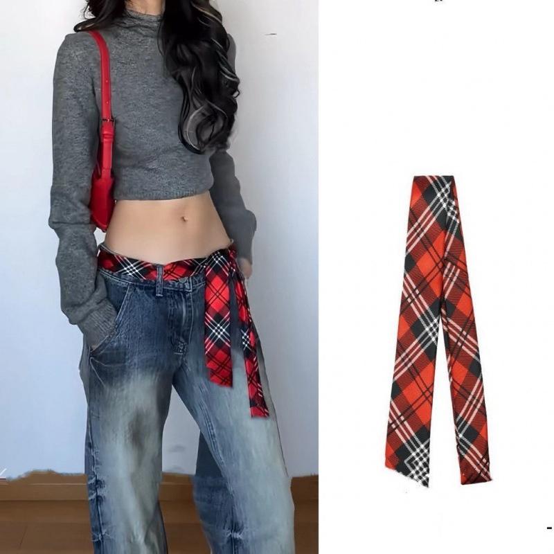 Long Skinny Plaid Striped Waist Belt With Jeans Necktie Scarf Decorative Accessory Personality Hairband Fashionable Accessory