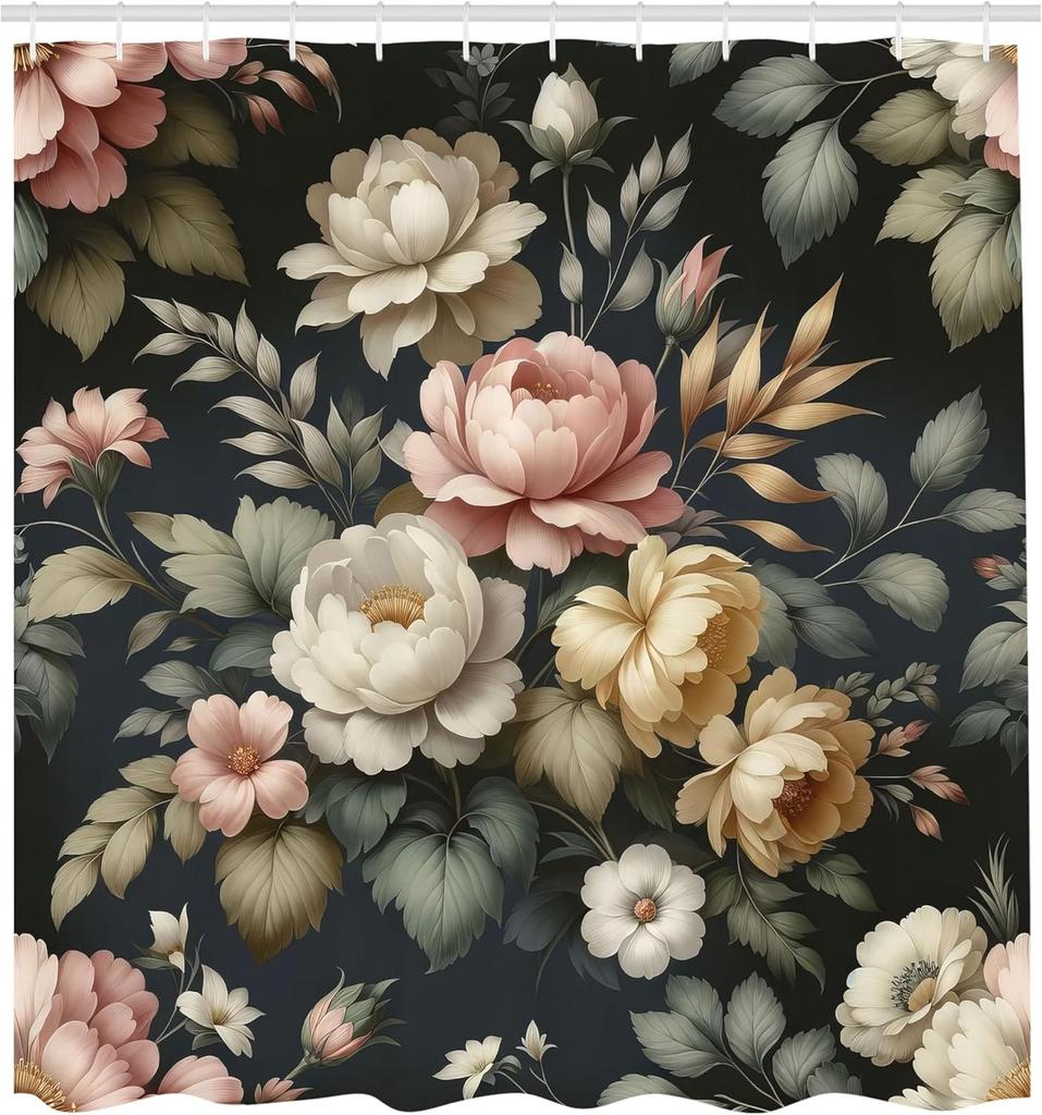 Vintage Shower Curtain, Nostalgic Flowers And Garden Leaves On Dark Petrol Blue Backdrop, Cloth Fabric Bathroom Decor