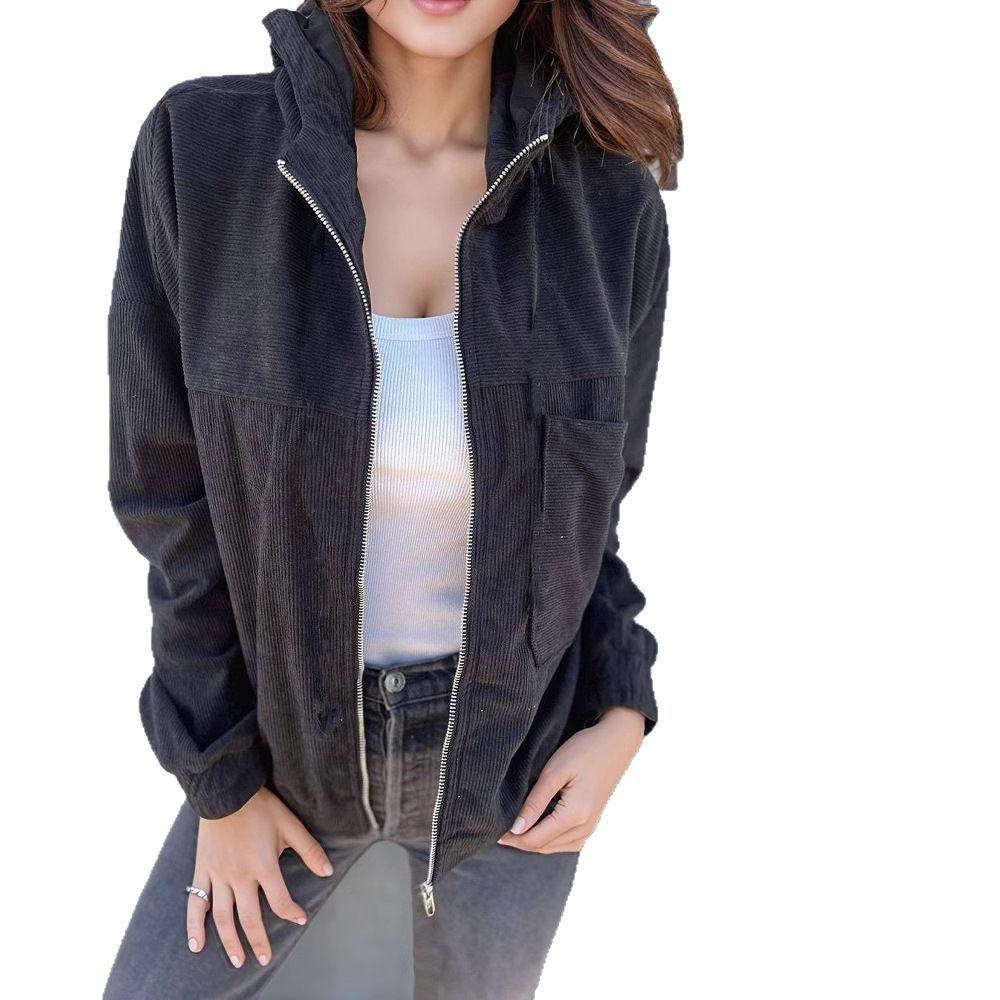 Autumn Solid Color Jacket Coat Women's Simple Style Corduroy Hooded Coats Women Fashion Pocket Long Sleeve Casual Jackets
