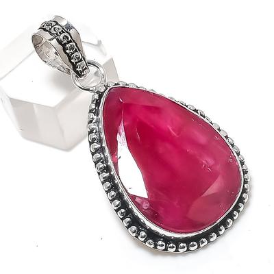 Přírodní rubín(Simulované) Drahokam 925 Sterling Silver Šperk Přívěsek 1,85" T6t43