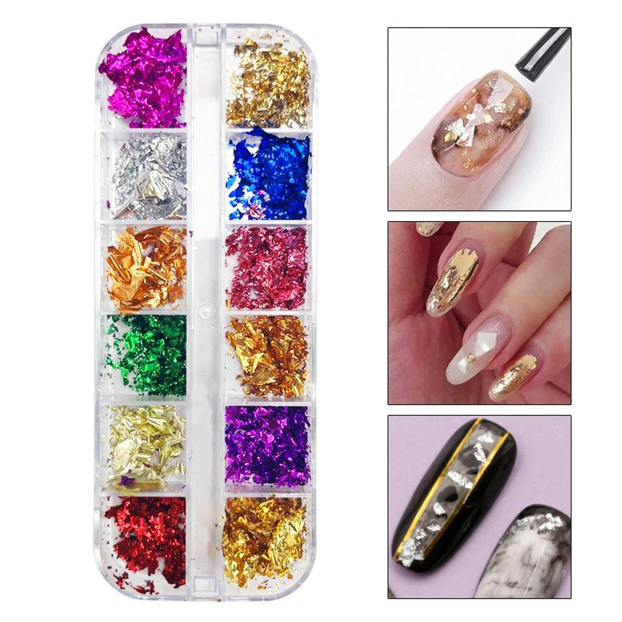 12 Colors Nail Foil Flakes, Metallic Chrome Glitter Nail Art Accessories, Nail Designs Decoration