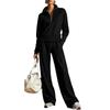 Conjunto de Dos Piezas de Punto para Mujer Suéter con Media Cremallera Manga Larga Cuello Plegable Pantalones de Pierna Ancha Conjunto para Estar en Casa