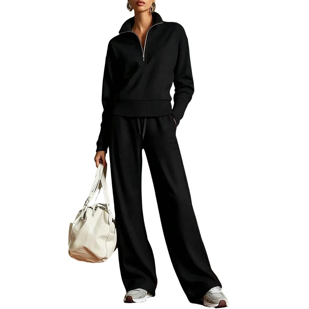 Conjunto de Dos Piezas de Punto para Mujer Suéter con Media Cremallera Manga Larga Cuello Plegable Pantalones de Pierna Ancha Conjunto para Estar en Casa