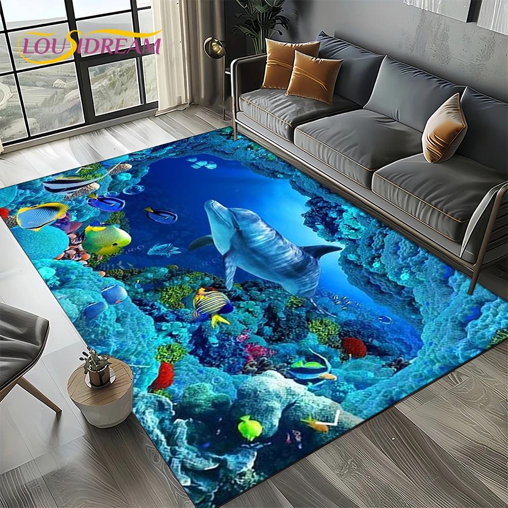 Underwater World 3D Illusion Seabed Cartoon Shark Dolphin Carpet Rug for Living Room Bedroom Home Sofa Decoration,Floor Mat Kid