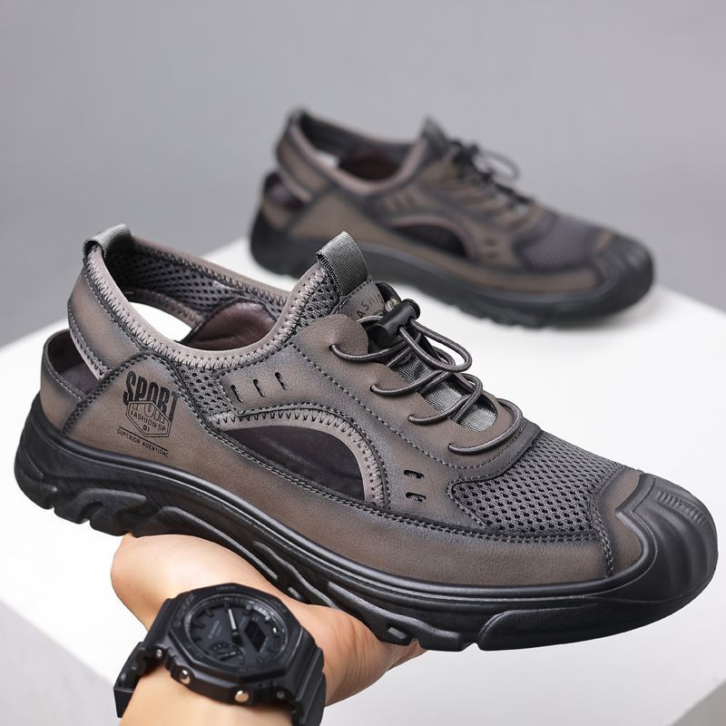 Trendy Breathable Leather Sandals Genuine Leather Men'S Soft Leather Light Bottom Hollow Casual Shoes Mesh Hole Shoes