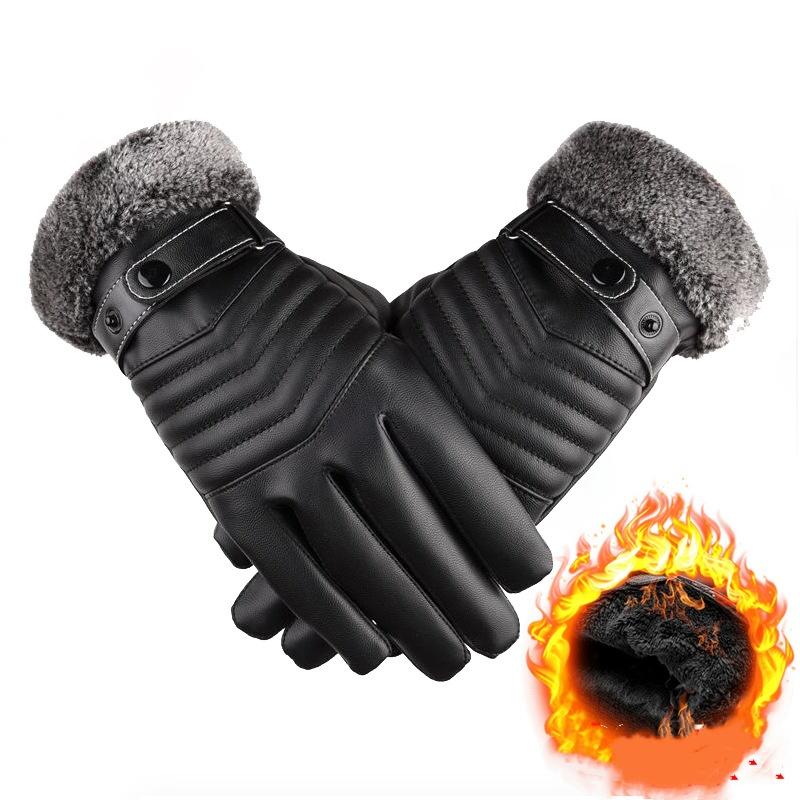 Winter PU Leather Plus Velvet Warm Gloves Men's Windproof Cycling Gloves Touch Screen Waterproof Gloves Cold-proof Warm Gloves