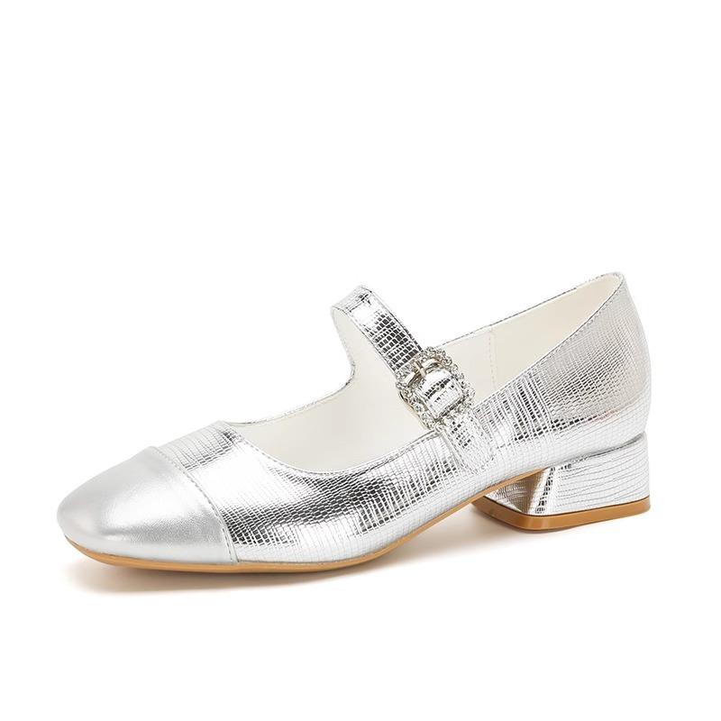 Leather Version Shoes Silver Mary Jane Shoes Women's Thick Heel Versatile Light Mouth Single Shoes Round Head Rhinestone Buckle French High Heels
