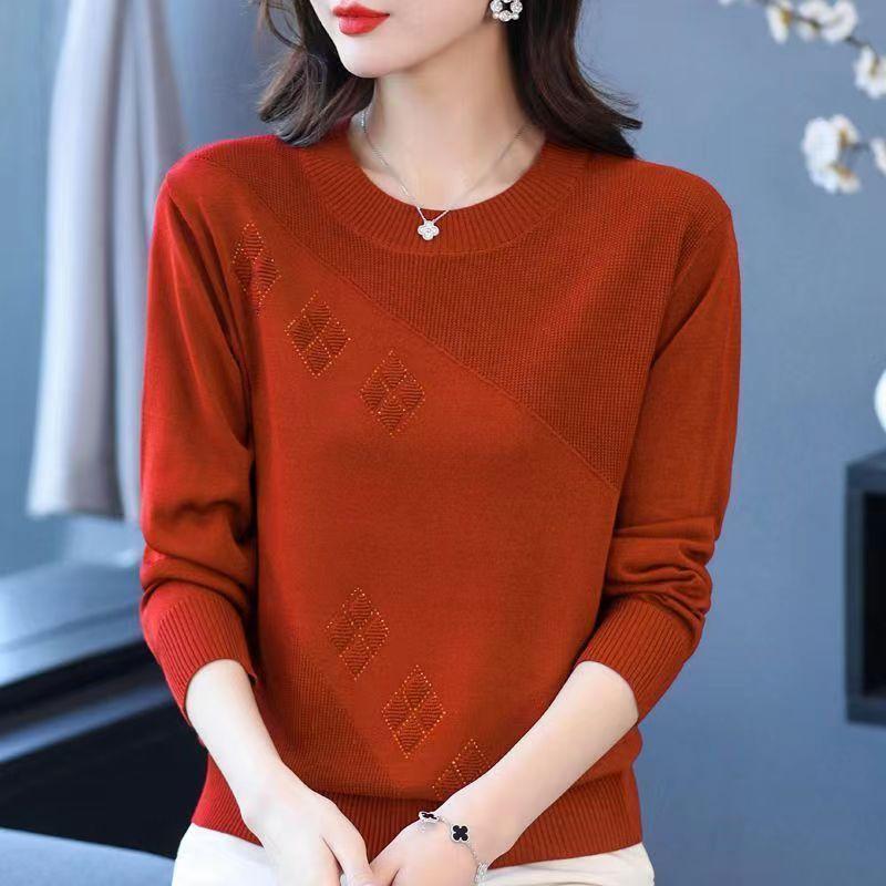 Fall Winter Women's Plus Size Sweater Long Sleeve Loose Crew Neck Knitwear Sweater Rhinestone Pullover Knit Top Stretch Jumper