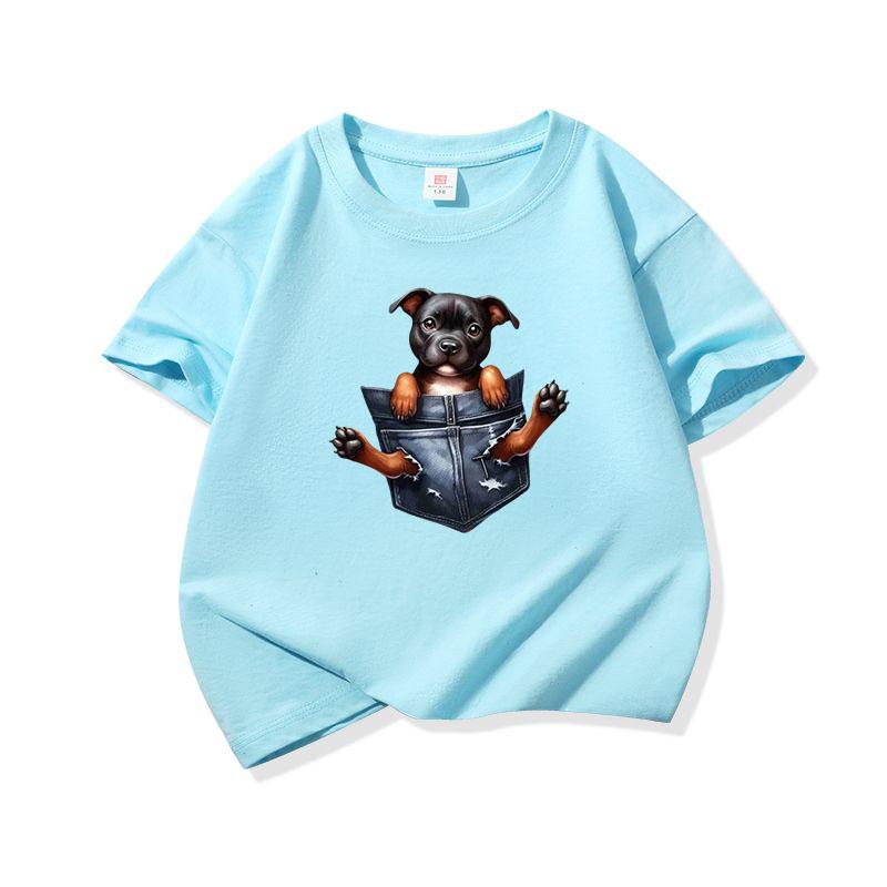 Kids Cotton T Shirt Adorable Pocket Staffordshire Dog Pattern Print Crew Neck Short Sleeve Tee Casual Boys Girls Summer Tops