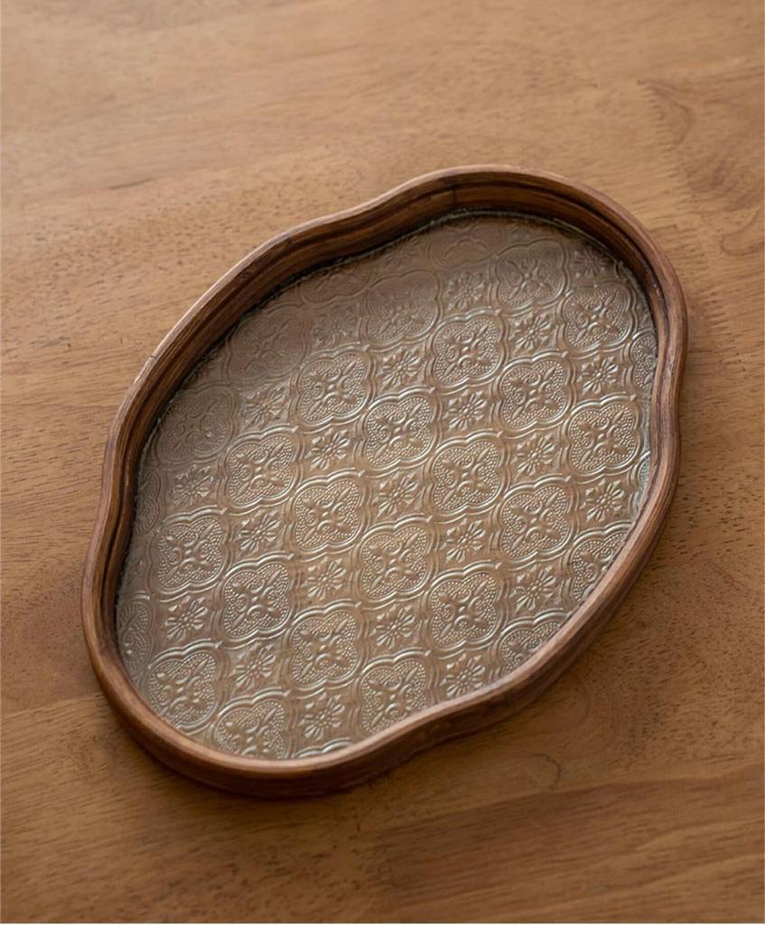 IwaiLoft [Chinoiserie Retro] Floral Glass Tray, Cloud-Shaped, Oval, Floral Design, 29cm35cm, Transparent, Glass Plate, Wooden, Cafe Tray, Tea Tray,
