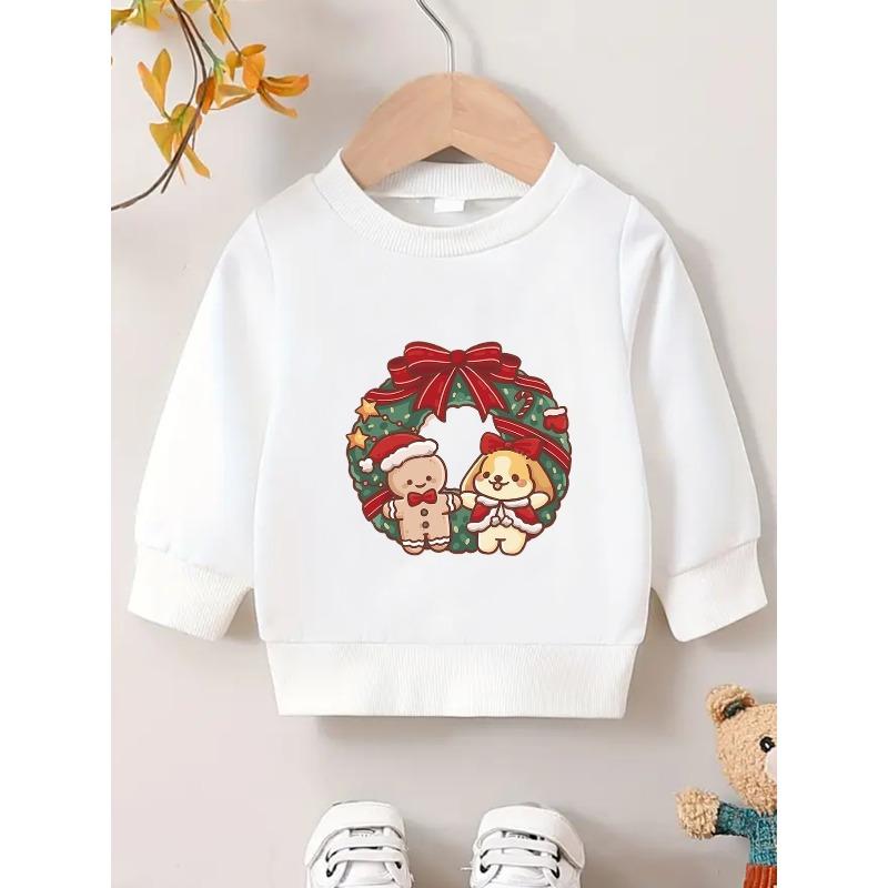 Christmas Wreath and Gingerbread for Man Print, Girls' Comfortable Thin Crew Neck Sweatshirt for Spring and Autumn