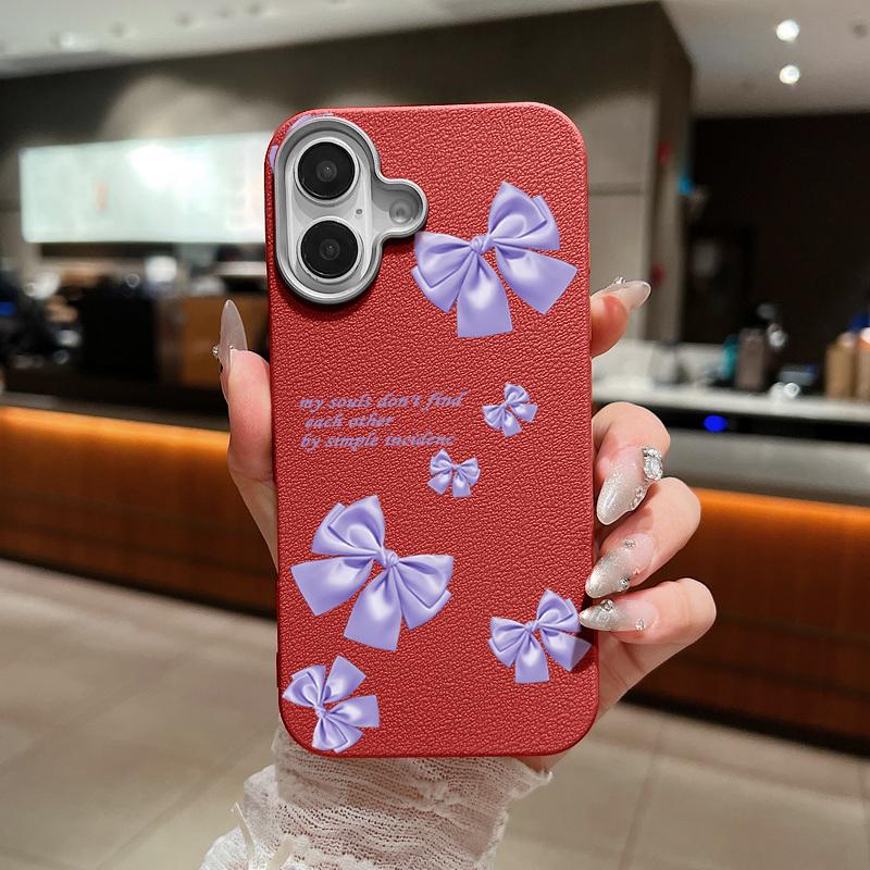 Solid Color Bowknot Patterned Leather Texture Phone Case for iPhone 16 Pro 15 14 Plus 13 12 Pro Max 11 Shockproof Matte Soft Tpu Slim Case Cover