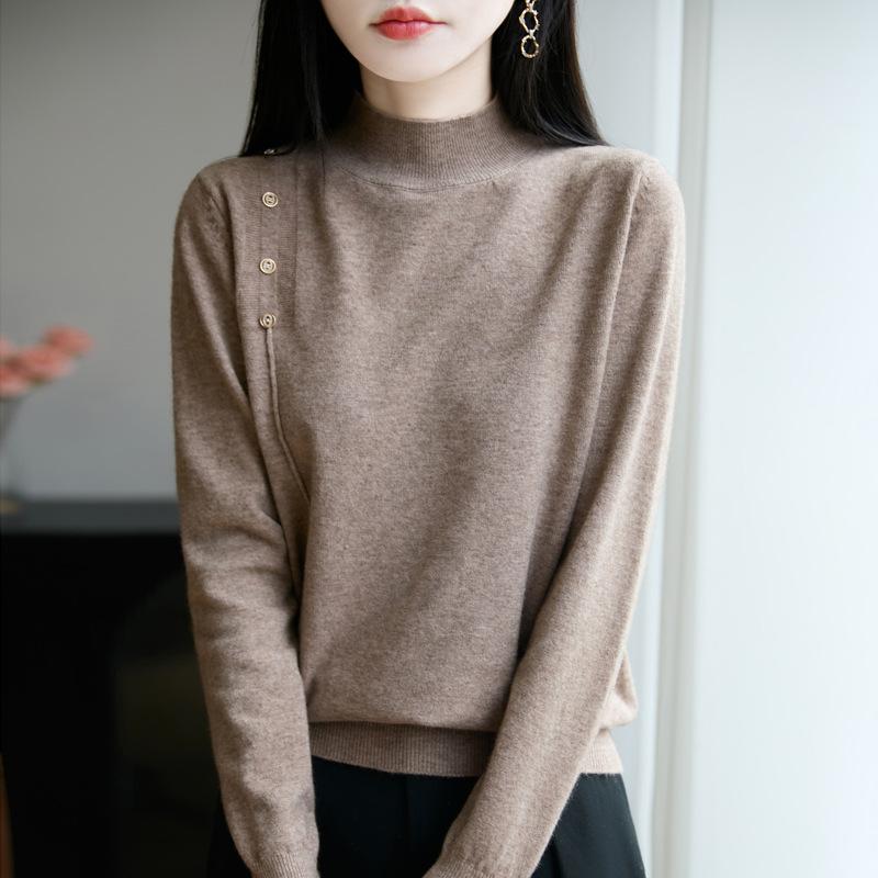 Women's Mock Neck Knit Sweater Button Decor Long Sleeve Solid Color Base Layer Top