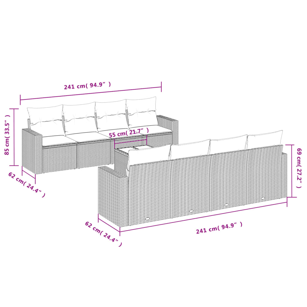 Vidaxl 9-Cz. Garden Furniture Set, Cushions, Light Grey Poly Rattan