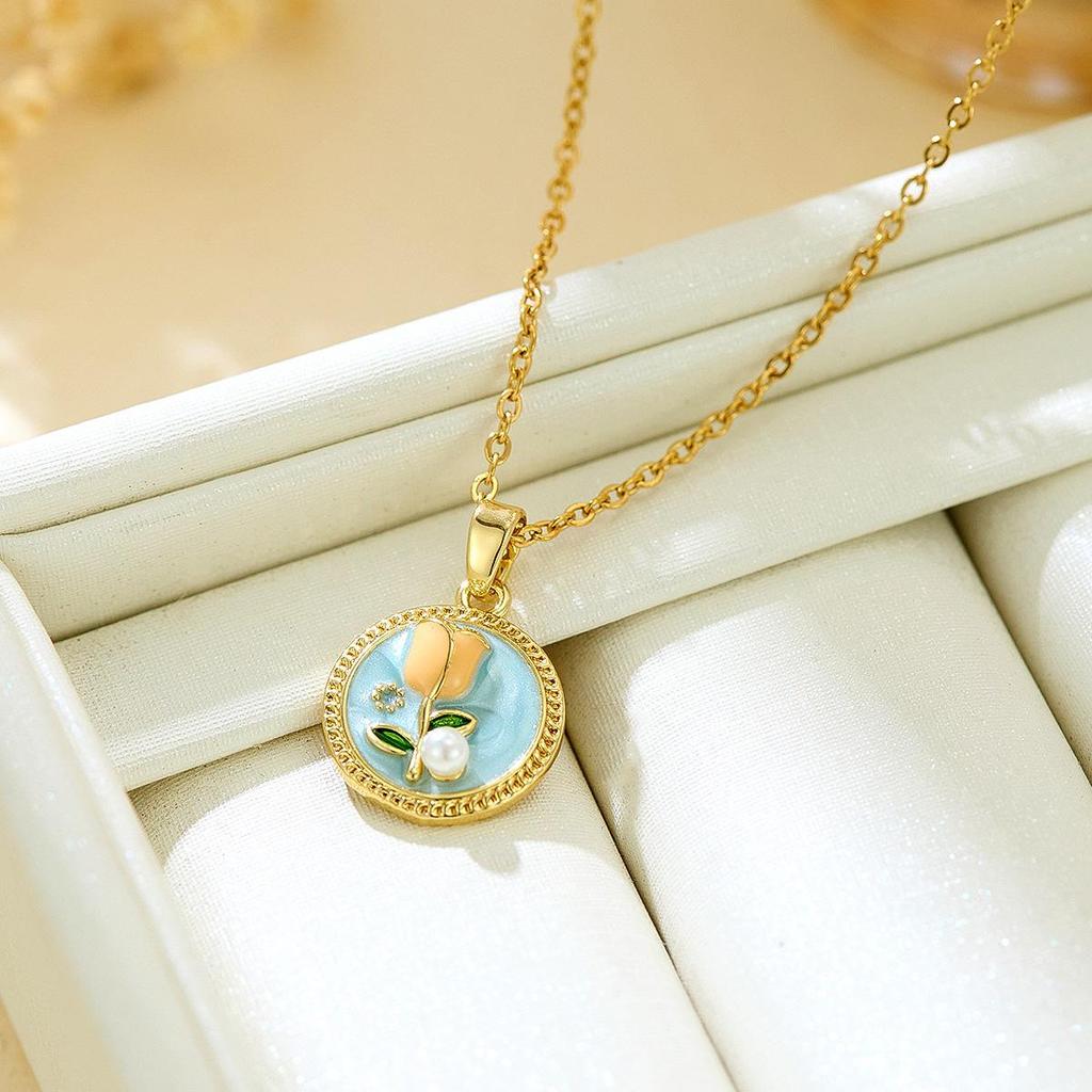 French Retro Enamel Imitation Pearl Pendant Necklace for Women