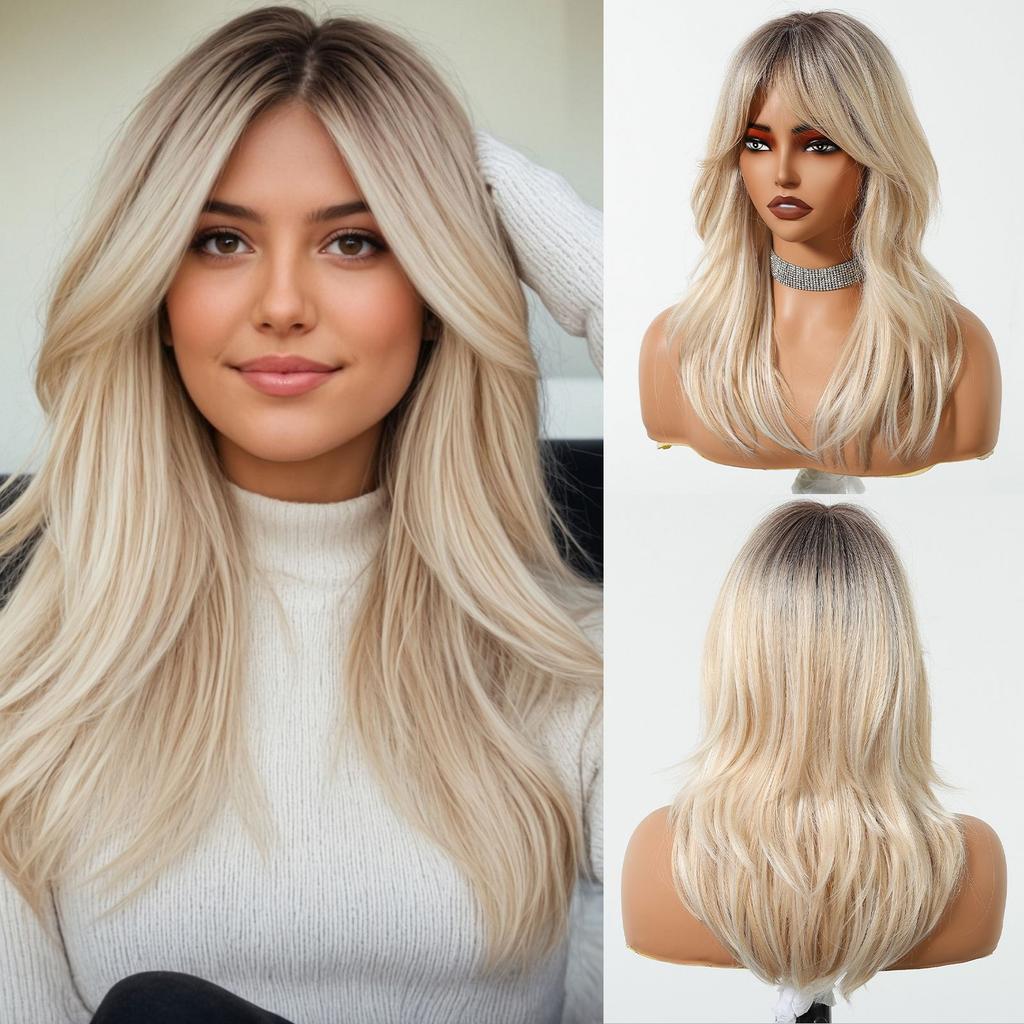 Long Curly White Platinum Synthetic Wigs with Bangs for Women Afro Cosplay Lolita Wavy Wig Natural Hair Heat Reisitant Daily Use