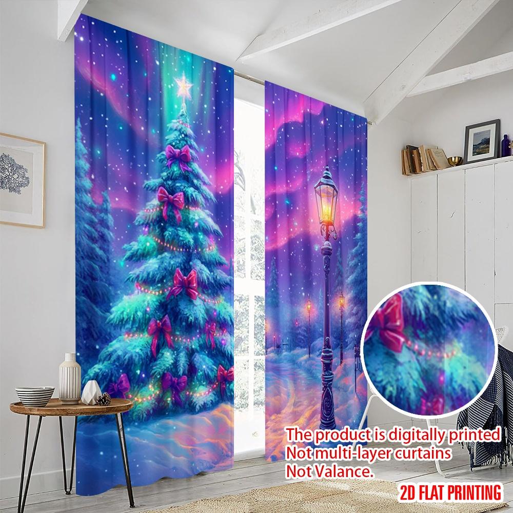 2pcs,2D plane printing Pattern Curtains Enchanted Winter Wonderland Christmas Aurora 100% Polyester (without rod) Holiday Use