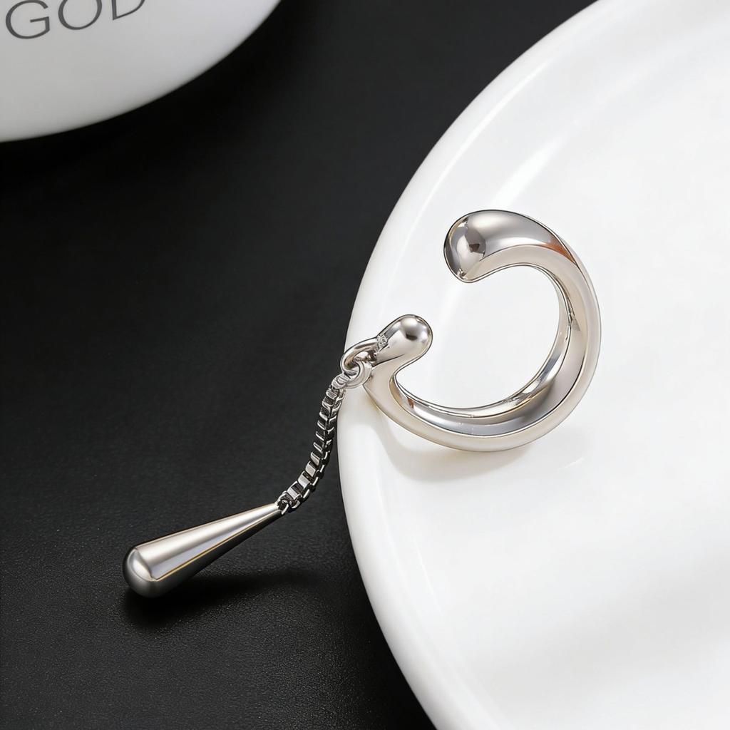 Silver Tone Teardrop Drop Ear Cuff with Chain No Piercing Minimalist Dangle Ear Jewelry for Women