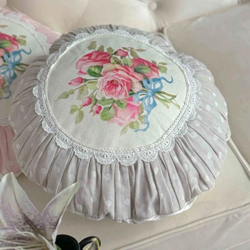 Retro Rose Pillowcase Cushion Pumpkin Cushion Cover Velvet Round Pillow Case Futon Sofa Car Decor Solid Color Lace Cushion Cover
