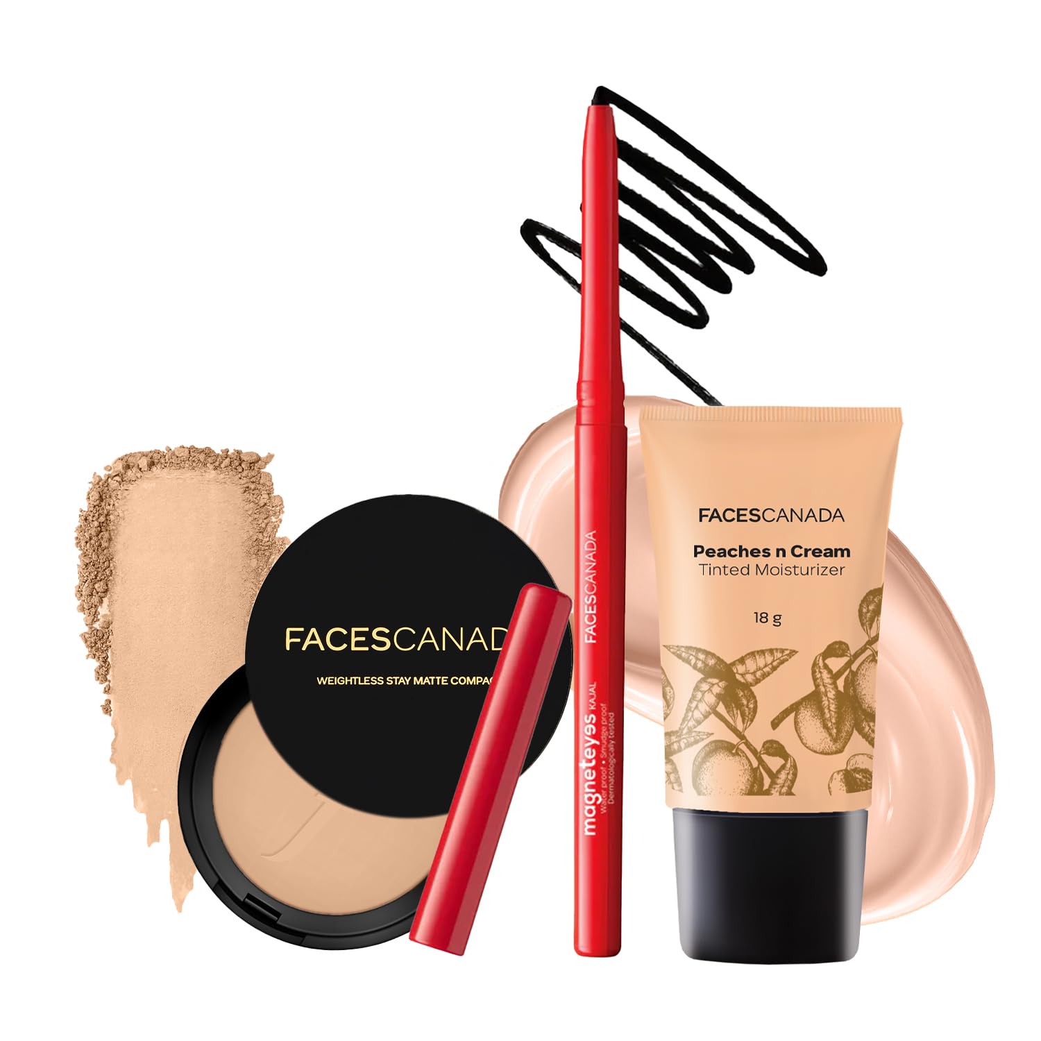 FACES CANADA Dewy Glow Combo - Tinted Moisturizer - Light 01 (18 gm) + Magneteyes Kajal - Black (0.35 gm) + Weightless Stay Matte Compact Powder -