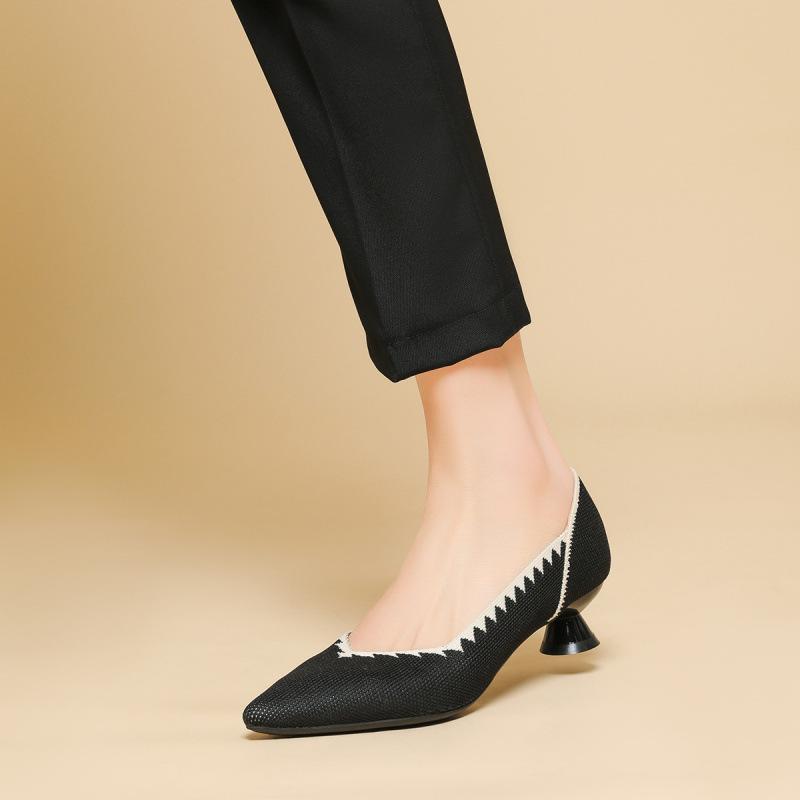 

Spring and summer new flying woven shoes single shoes women s shallow mouth high heels pointed breathable single shoes leopard print 34