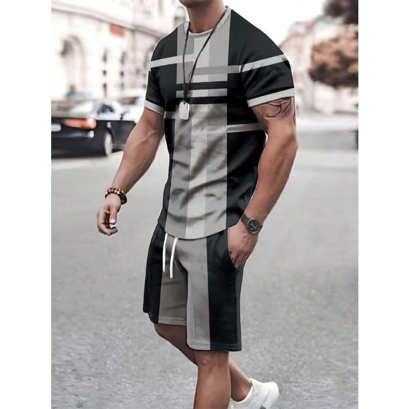 Men's Summer Two-piece Set Patchwork Color Street T-shirt Casual Outdoor Sports Short-sleeved Rope Shorts Men's Clothing